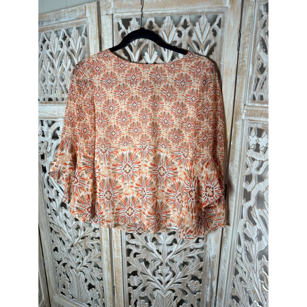 Kasper Womens Printed Boat Neck Ruffle Sleeve Blouse Orange Multi XS NEW - Picture 2 of 9